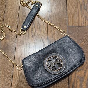 Tory Burch Black Pebbled Leather Crossbody with Gold Logo Medallion